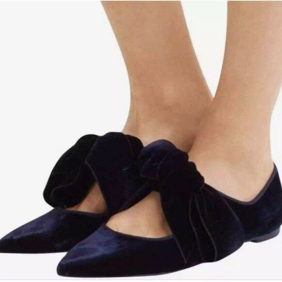 Tory Burch Shoes - Tory Burch Navy Blue Velvet Clara Bow Tie Pointed Flats